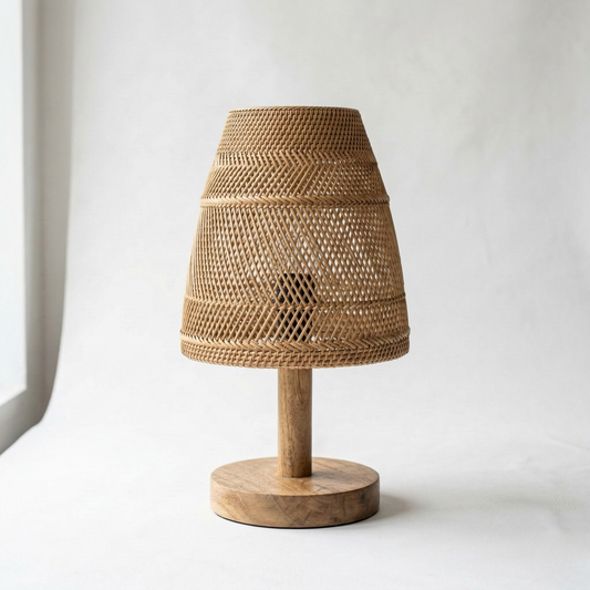 Haandco Handwoven Rattan & Solid Wood Decorative Faux Lamp