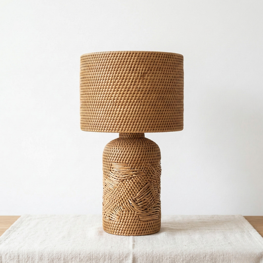 Haandco Fully Woven Rattan Table Lamp with Patterned Base