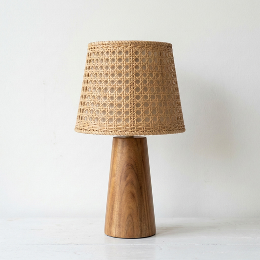 Haandco Tapered Wood Table Lamp with Woven Rattan Shade