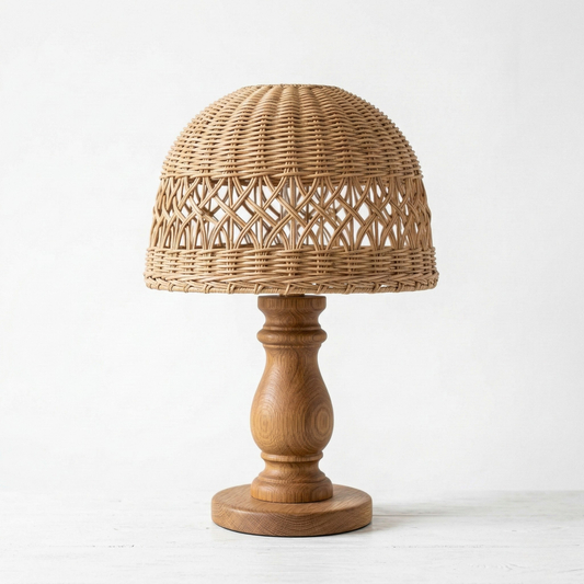 Haandco Teardrop Woven Rattan Table Lamp with Linen Shade