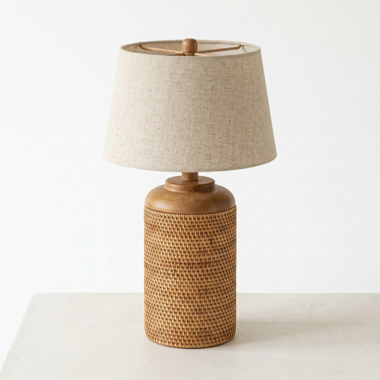 Haandco Natural Woven Rattan Table Lamp with Wood Accent & Fabric Shade