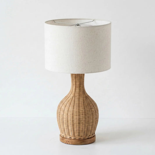 Haandco Natural Woven Rattan Table Lamp with Solid Wood Base & Fabric Shade