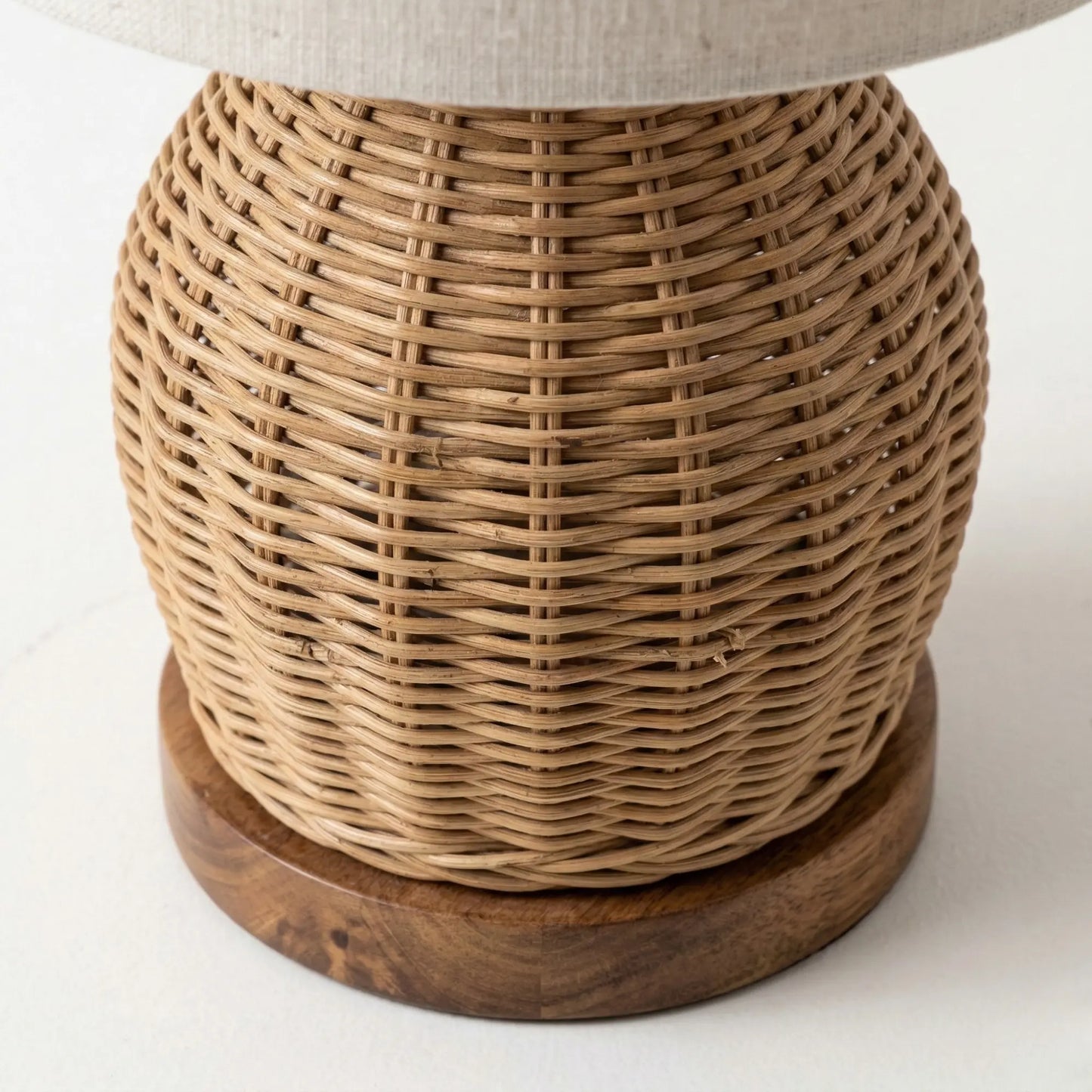 Haandco Natural Woven Rattan Table Lamp with Solid Wood Base & Fabric Shade